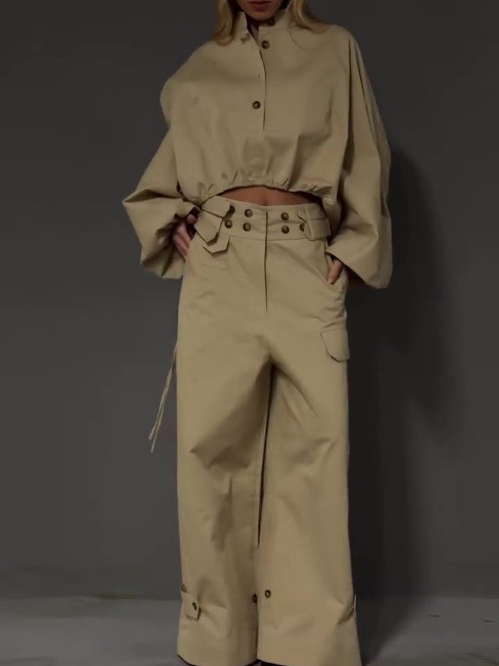 Khaki Cropped Puff-Sleeve Top and Wide-Leg Cargo Trousers Set - WowStore.live