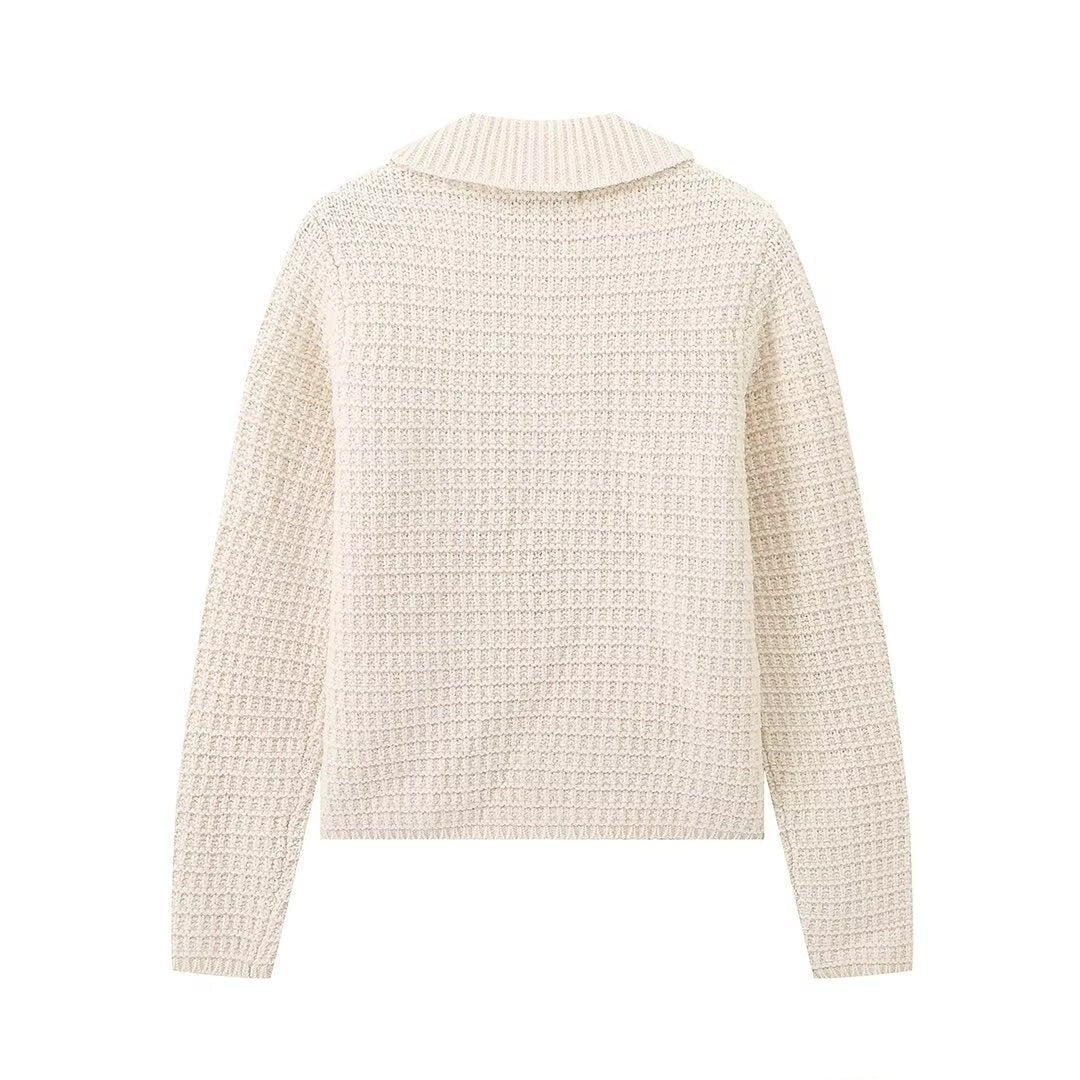 Back of the off-white knitted cardigan with ribbed collar and hem