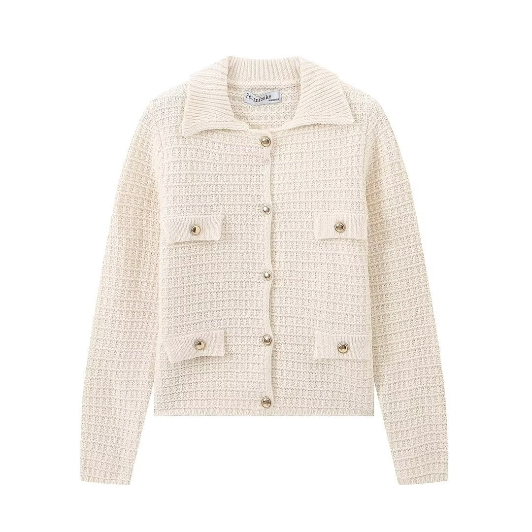 Off-white knitted cardigan with collar, gold-tone buttons and four flap pockets, front view