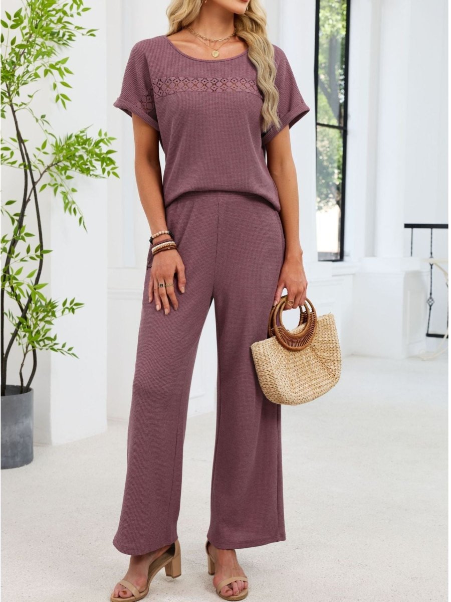 Lace Detail Short Sleeve Top and Pants Set - Wow Store