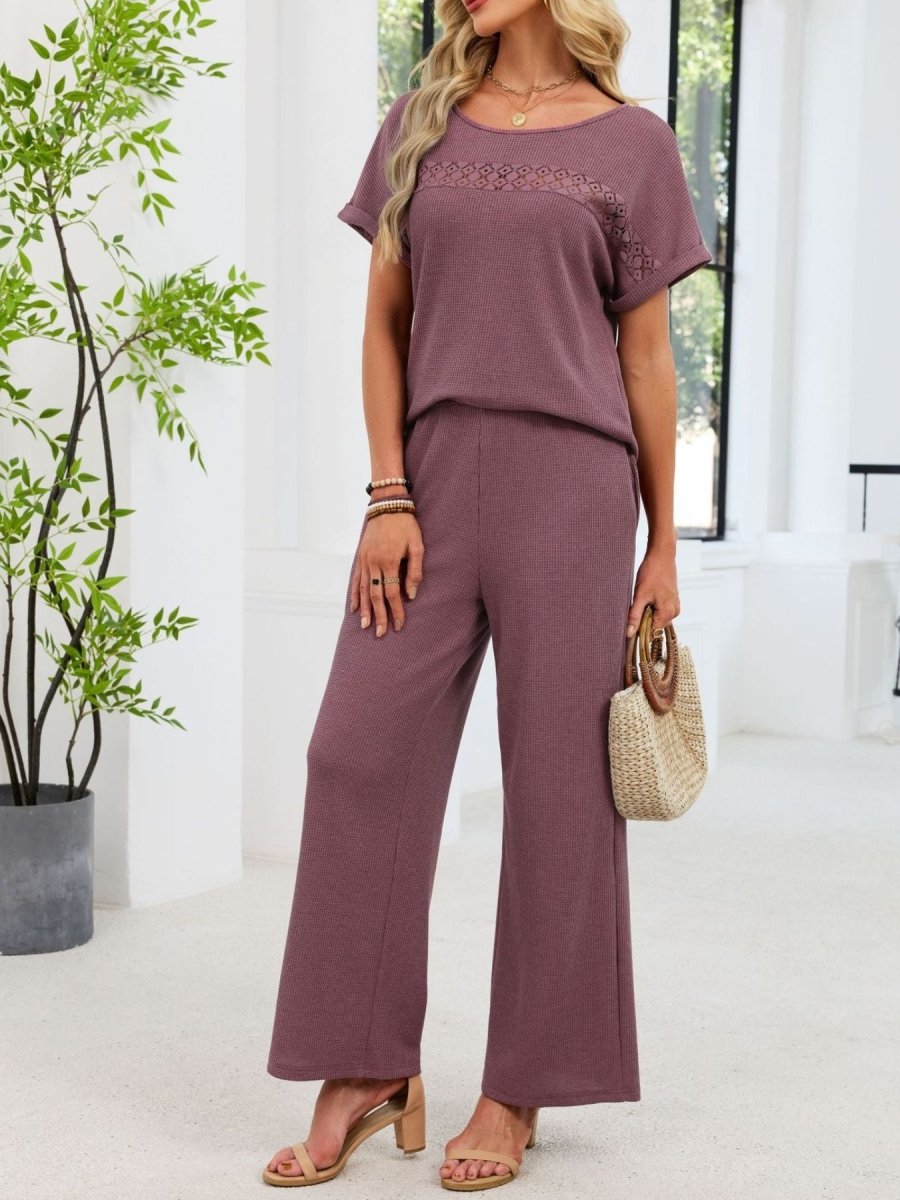 Lace Detail Short Sleeve Top and Pants Set - Wow Store