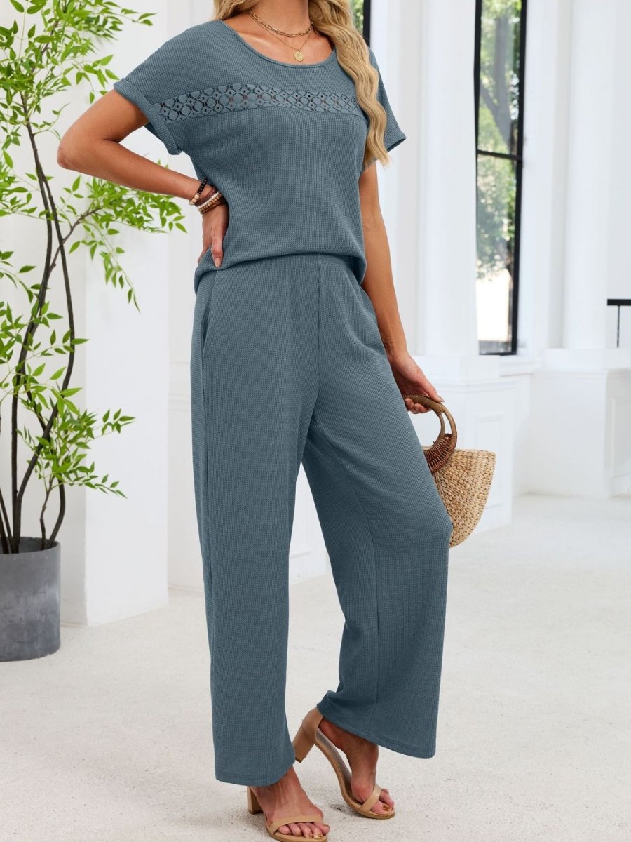 Lace Detail Short Sleeve Top and Pants Set - Wow Store
