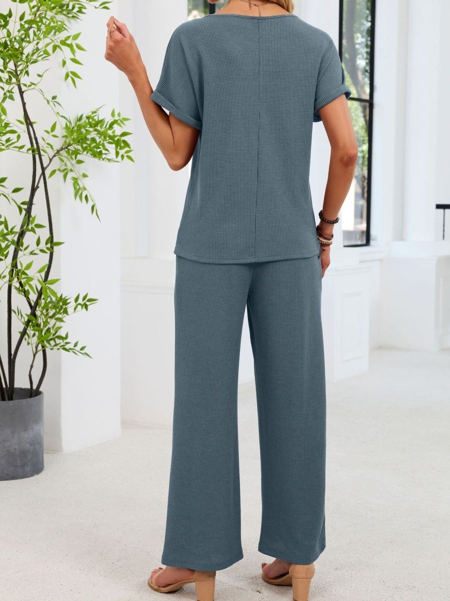 Lace Detail Short Sleeve Top and Pants Set - Wow Store