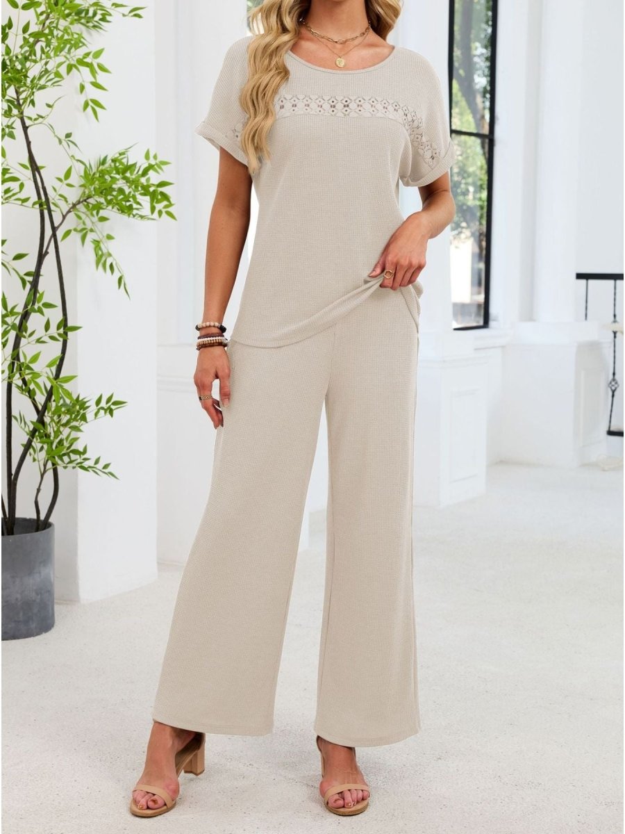 Lace Detail Short Sleeve Top and Pants Set - Wow Store
