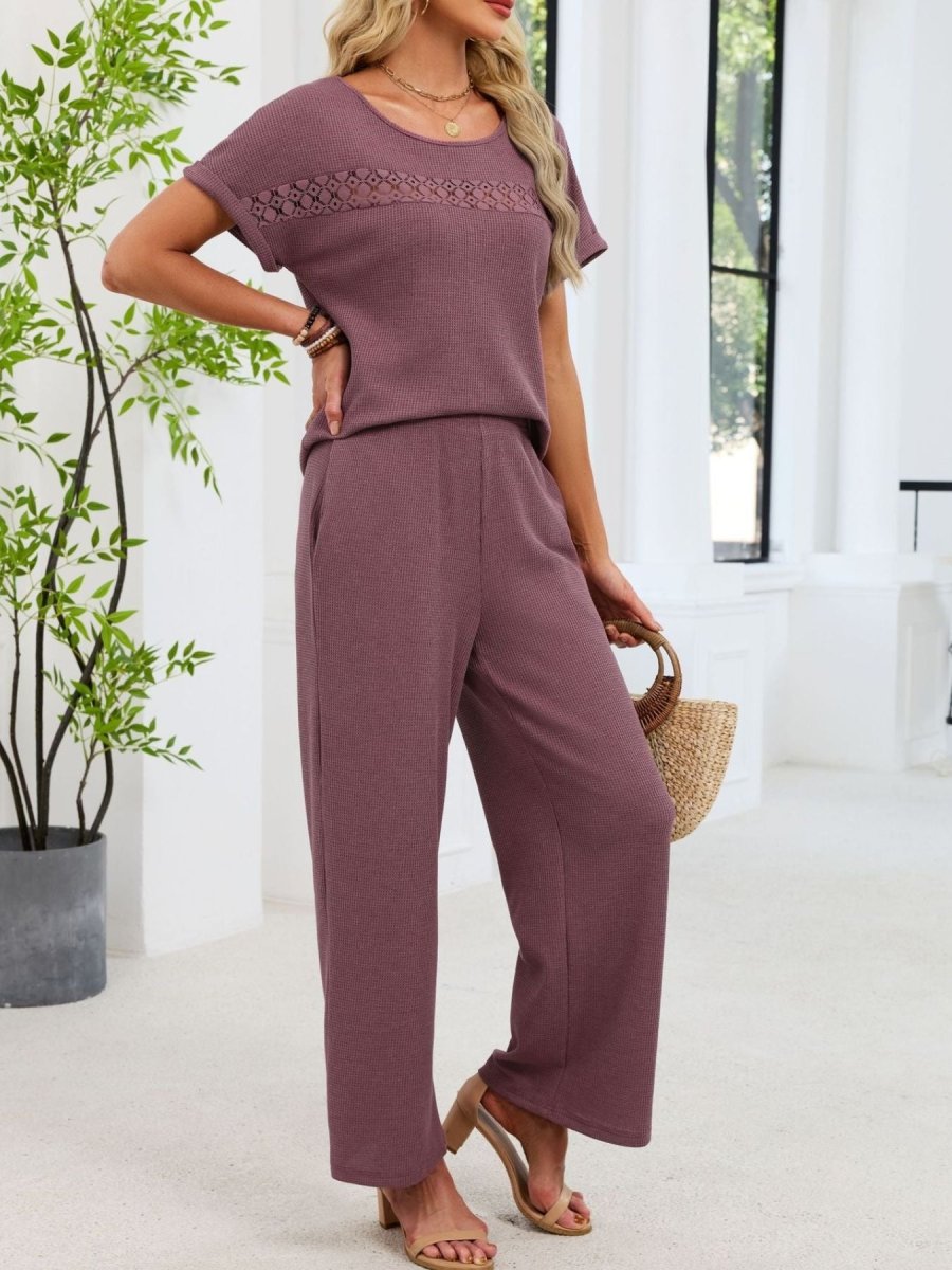 Lace Detail Short Sleeve Top and Pants Set - Wow Store