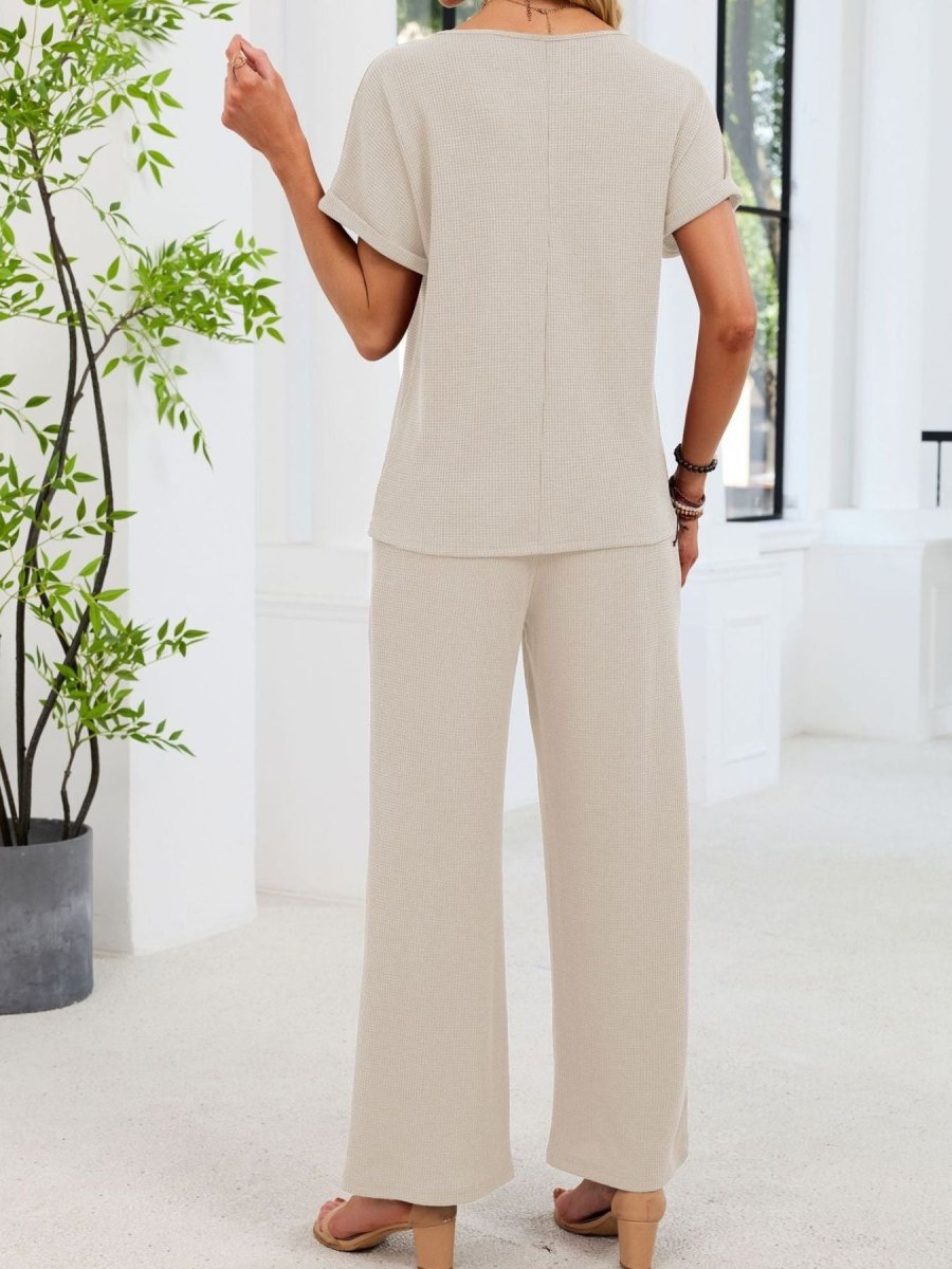 Lace Detail Short Sleeve Top and Pants Set - Wow Store