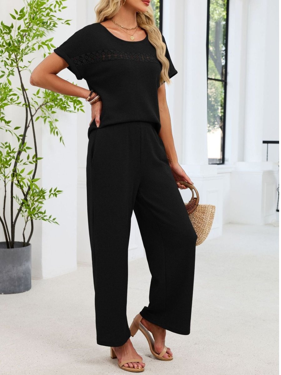 Lace Detail Short Sleeve Top and Pants Set - Wow Store