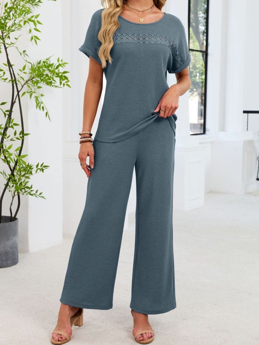Lace Detail Short Sleeve Top and Pants Set - Wow Store