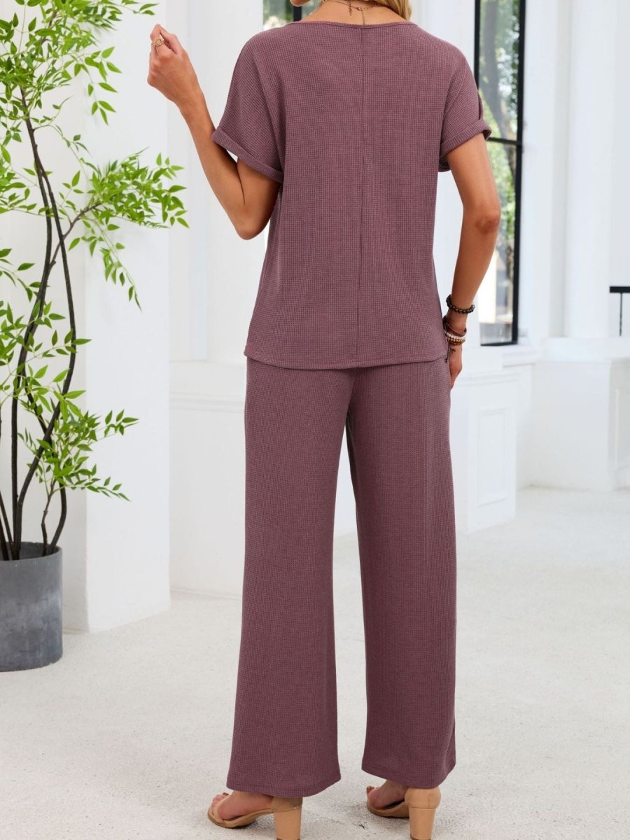 Lace Detail Short Sleeve Top and Pants Set - Wow Store