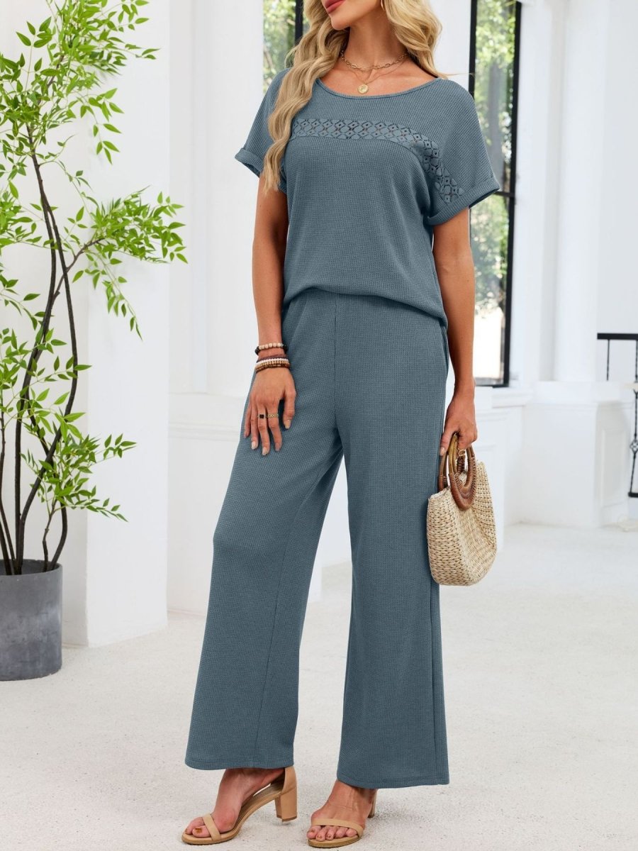 Lace Detail Short Sleeve Top and Pants Set - Wow Store