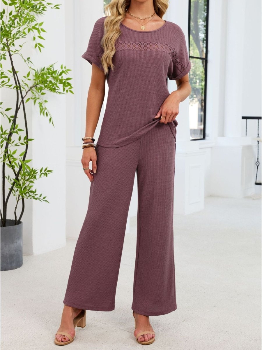 Lace Detail Short Sleeve Top and Pants Set - Wow Store