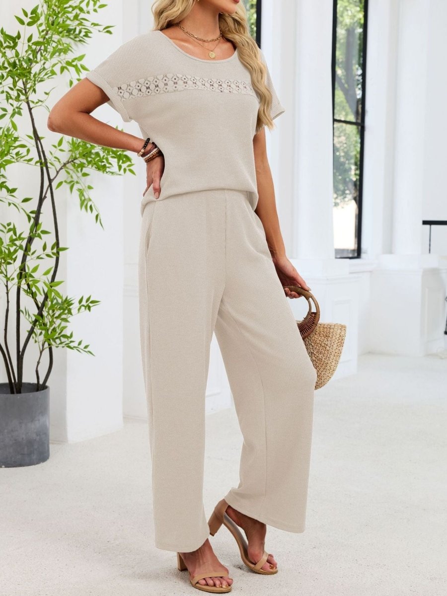 Lace Detail Short Sleeve Top and Pants Set - Wow Store