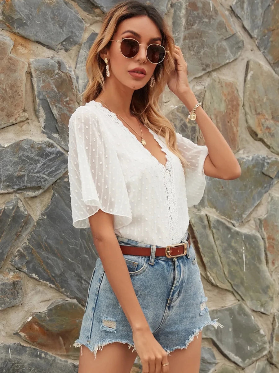 Lace Detail V - Neck Siwss Dot Blouse - Wow Store