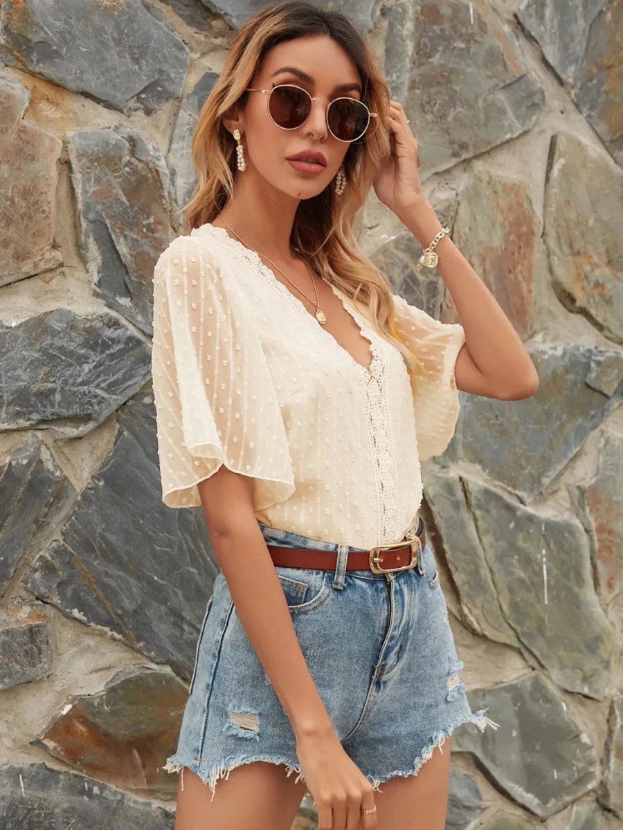 Lace Detail V - Neck Siwss Dot Blouse - Wow Store