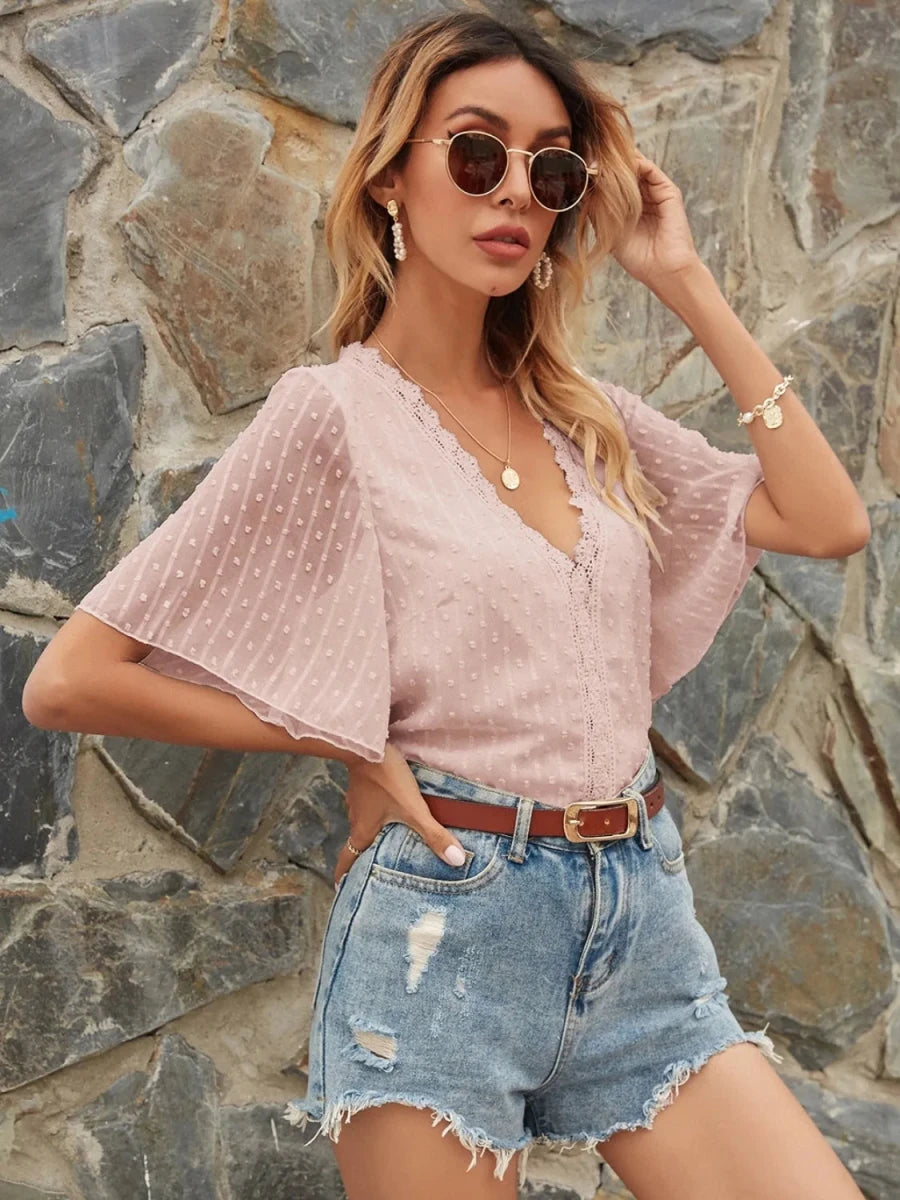 Lace Detail V - Neck Siwss Dot Blouse - Wow Store
