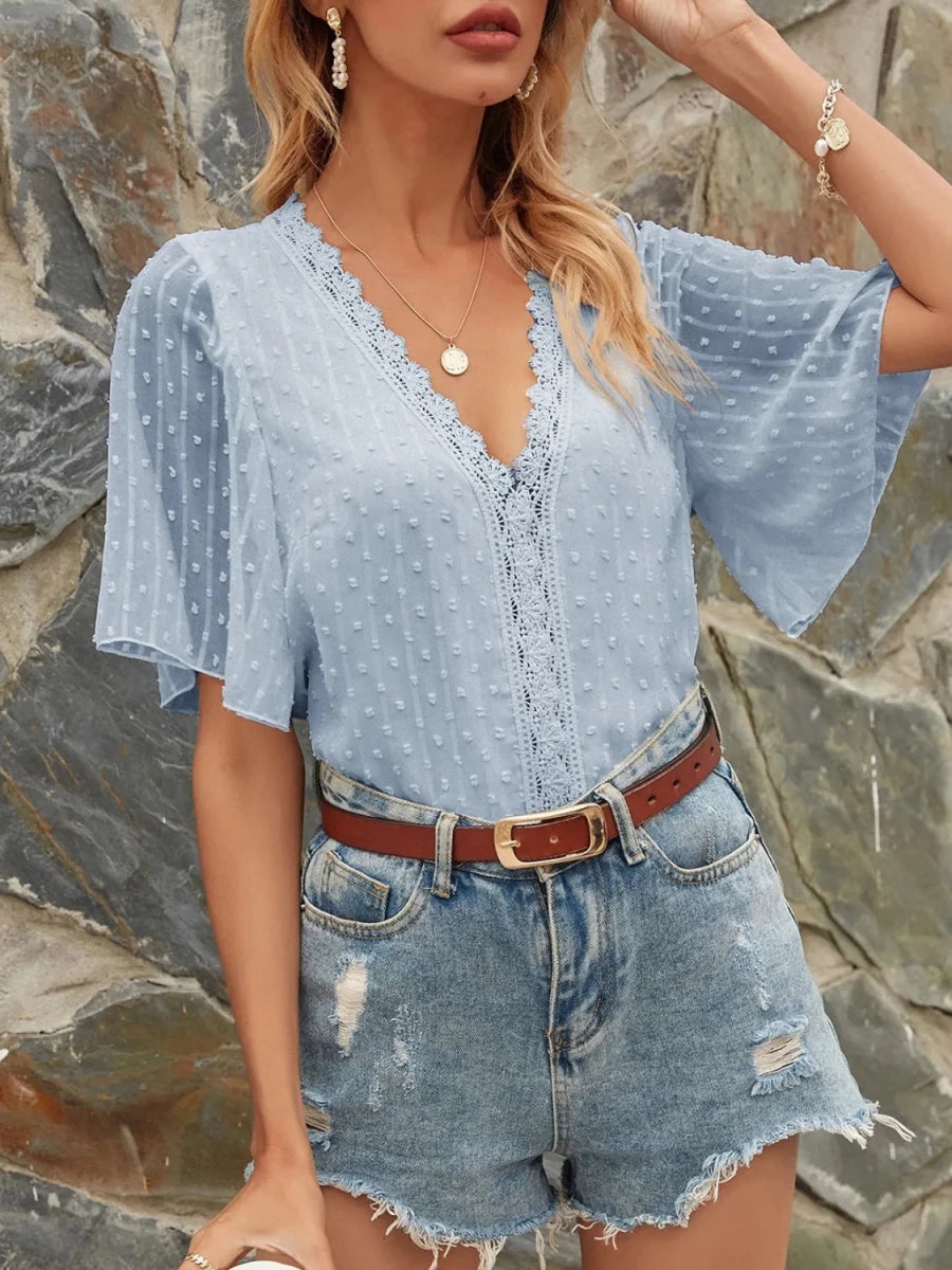 Lace Detail V - Neck Siwss Dot Blouse - Wow Store