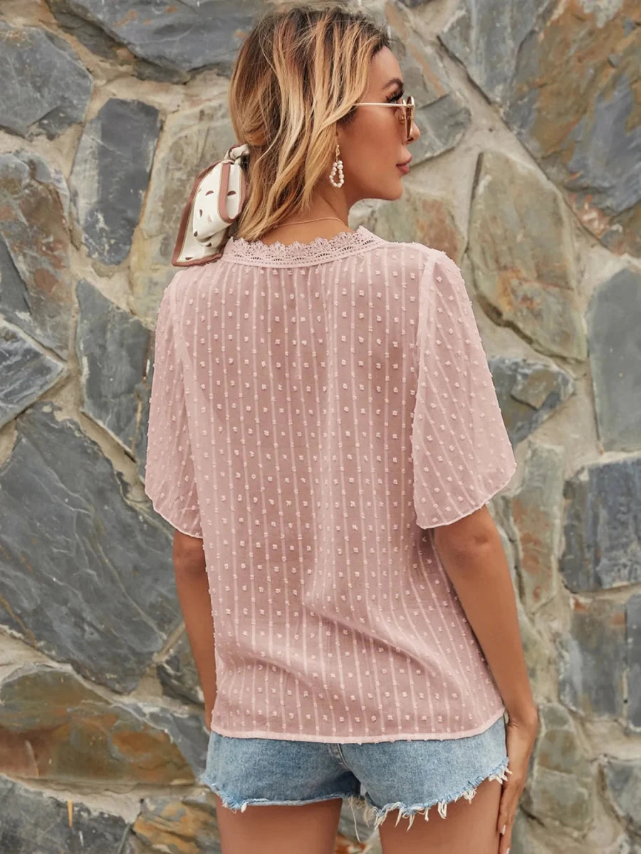 Lace Detail V - Neck Siwss Dot Blouse - Wow Store
