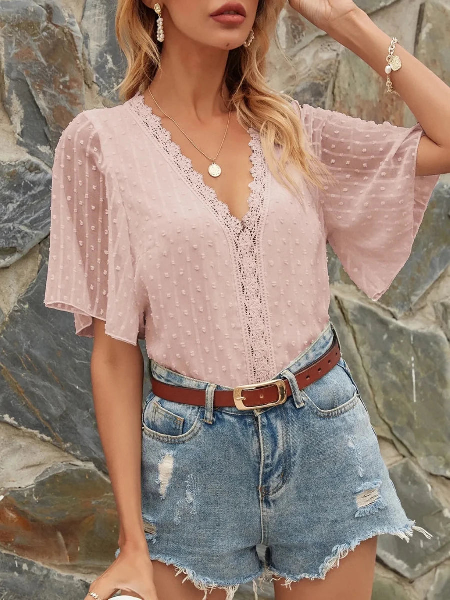 Lace Detail V - Neck Siwss Dot Blouse - Wow Store