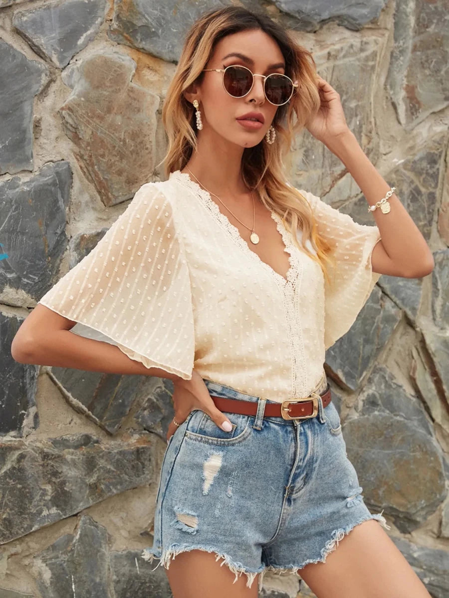 Lace Detail V - Neck Siwss Dot Blouse - Wow Store