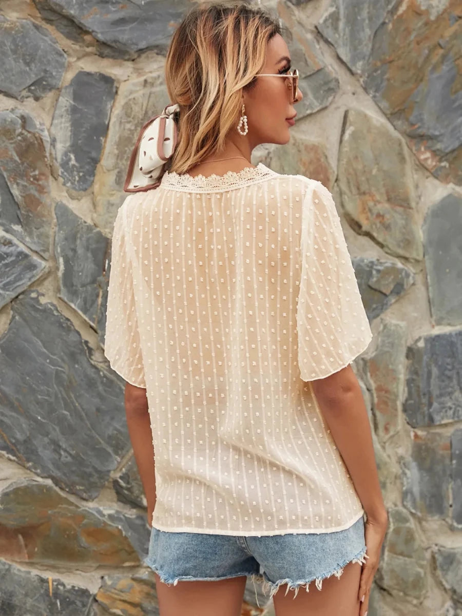 Lace Detail V - Neck Siwss Dot Blouse - Wow Store