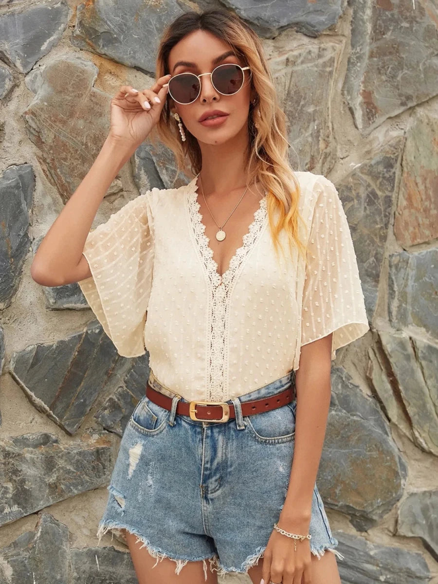 Lace Detail V - Neck Siwss Dot Blouse - Wow Store