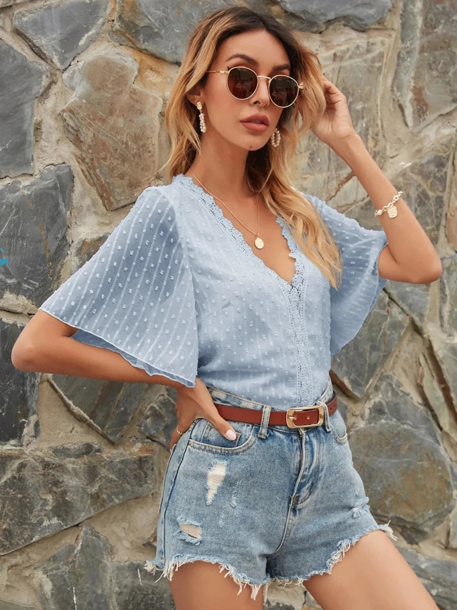 Lace Detail V - Neck Siwss Dot Blouse - Wow Store