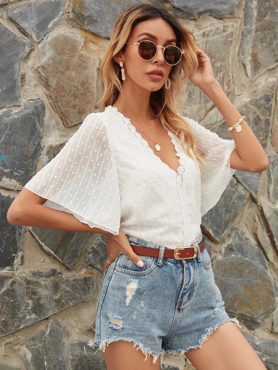 Lace Detail V - Neck Siwss Dot Blouse - Wow Store