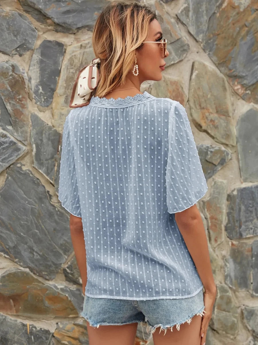 Lace Detail V - Neck Siwss Dot Blouse - Wow Store
