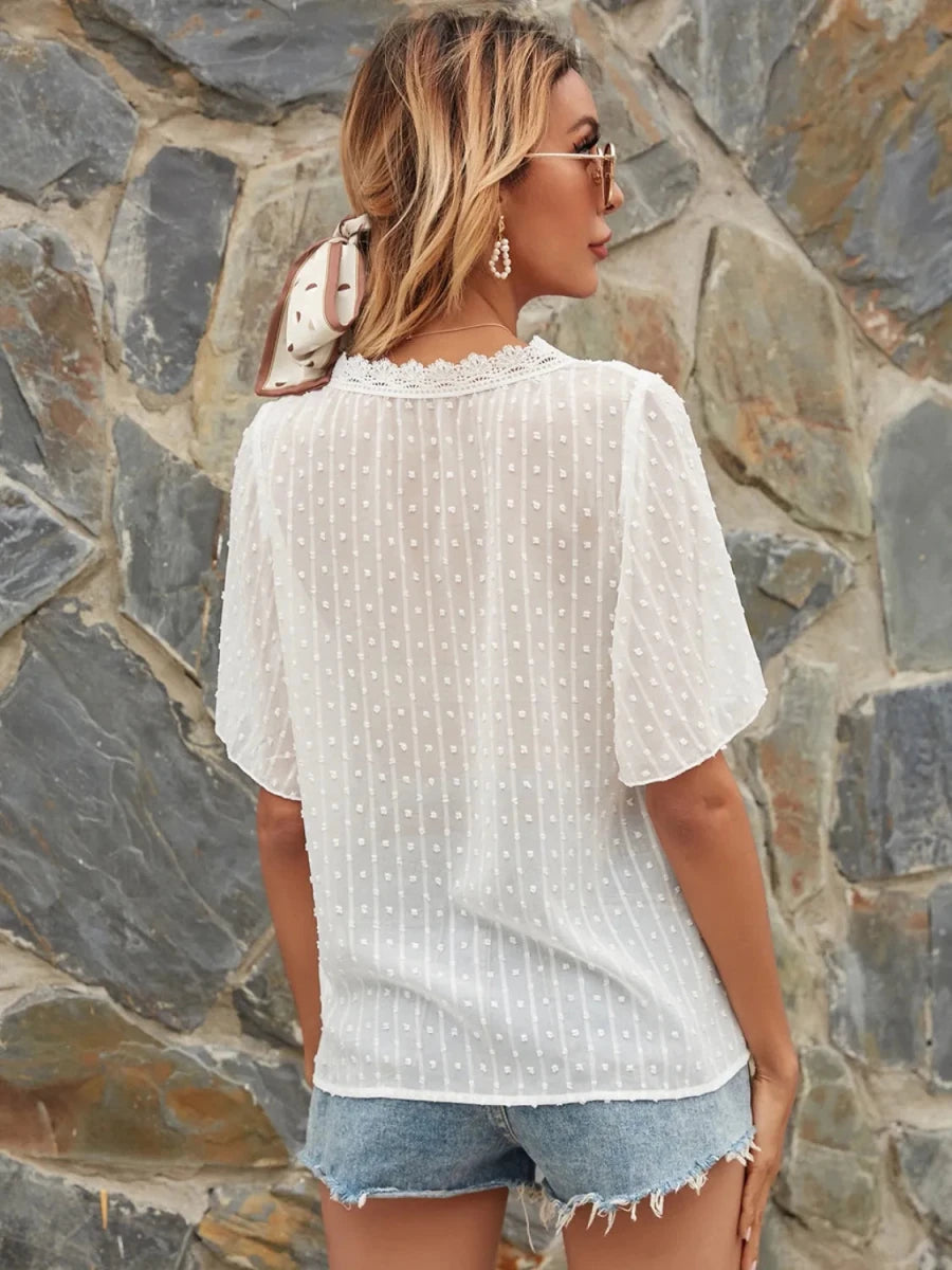 Lace Detail V - Neck Siwss Dot Blouse - Wow Store