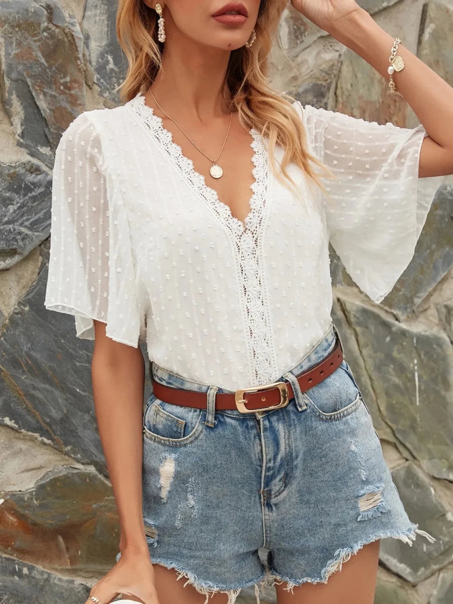 Lace Detail V - Neck Siwss Dot Blouse - Wow Store