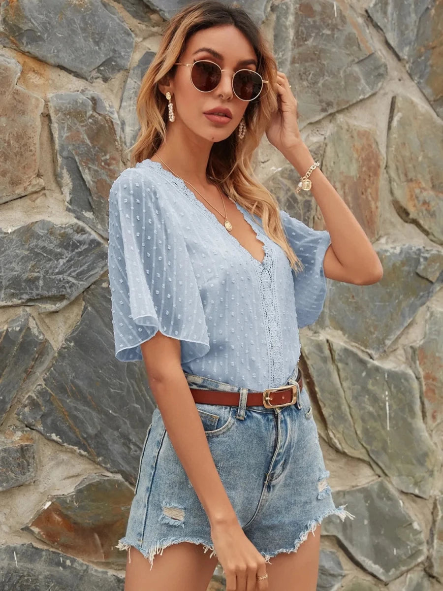 Lace Detail V - Neck Siwss Dot Blouse - Wow Store