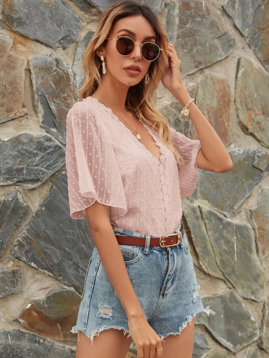 Lace Detail V - Neck Siwss Dot Blouse - Wow Store