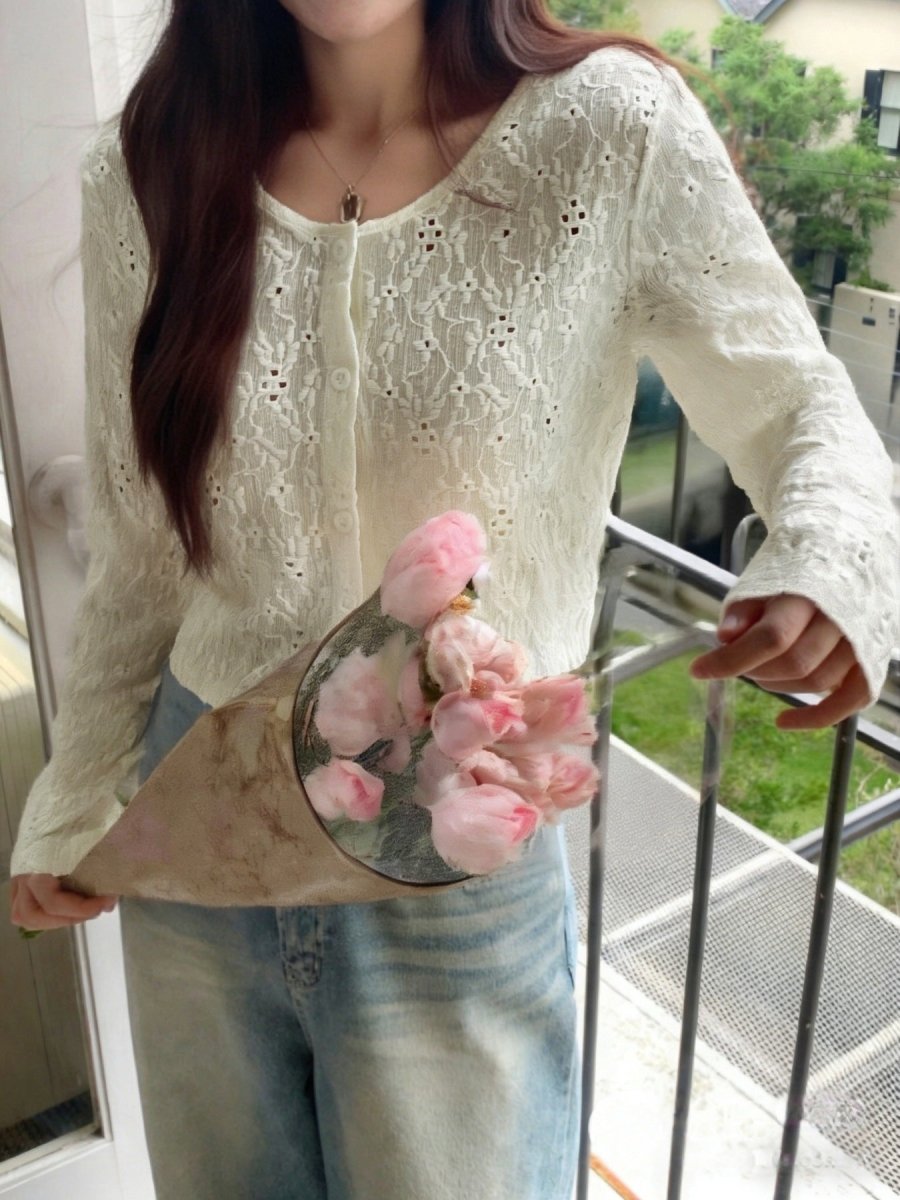Light lace button-up cardigan with delicate floral detailing on soft neutral fabric — Lace Lightweight Button Up Cardigan