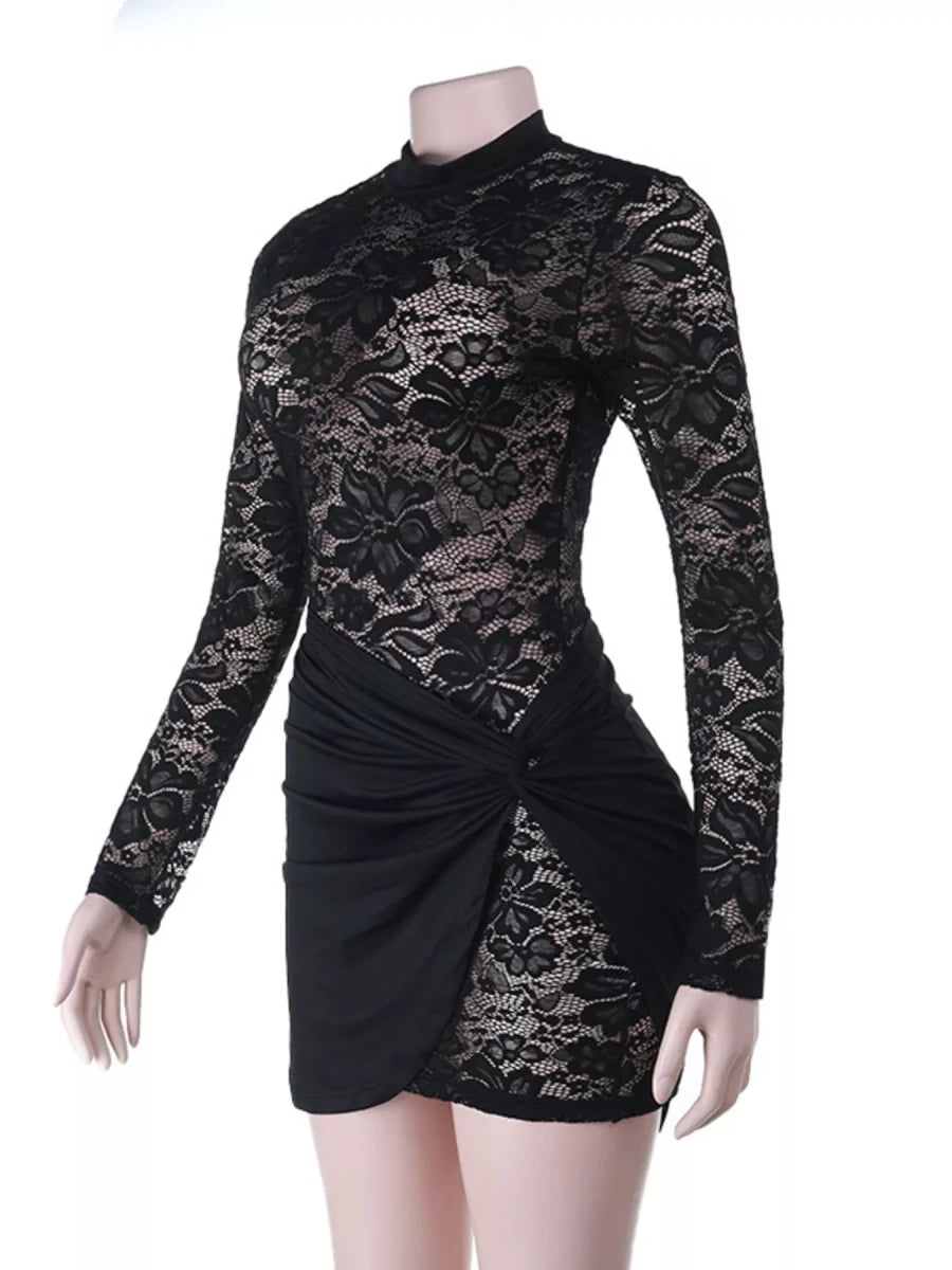 Lace Long Sleeve Bodycon Mini Dress - Wow Store