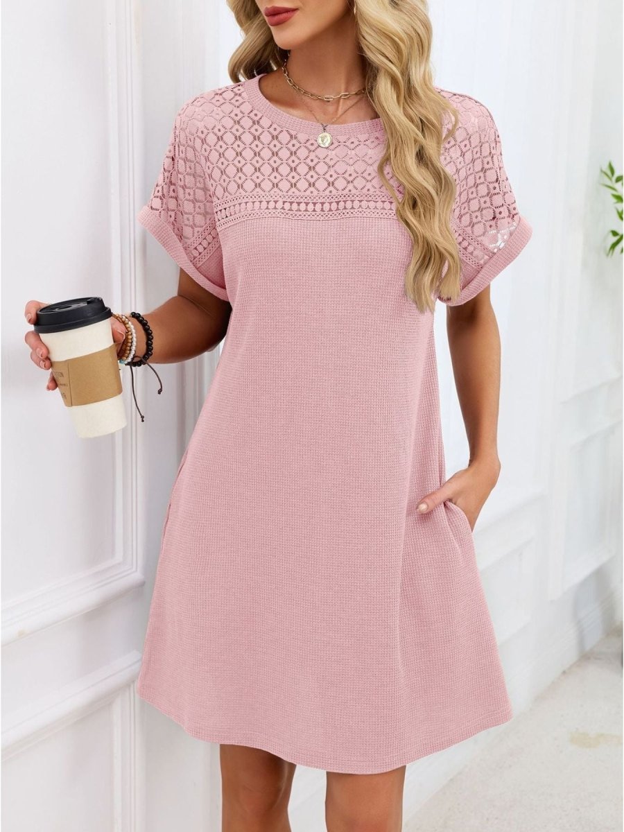 Lace Round Neck Short Sleeve T-Shirt Dress - Wow Store
