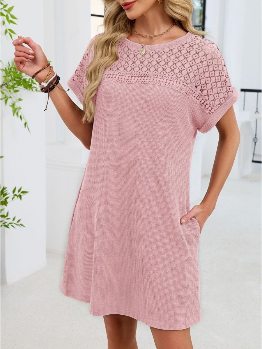 Lace Round Neck Short Sleeve T-Shirt Dress - Wow Store