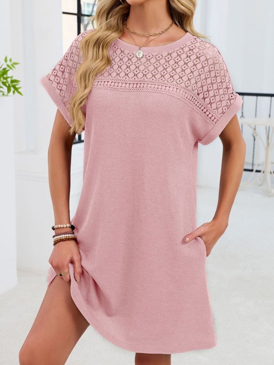 Lace Round Neck Short Sleeve T-Shirt Dress - Wow Store