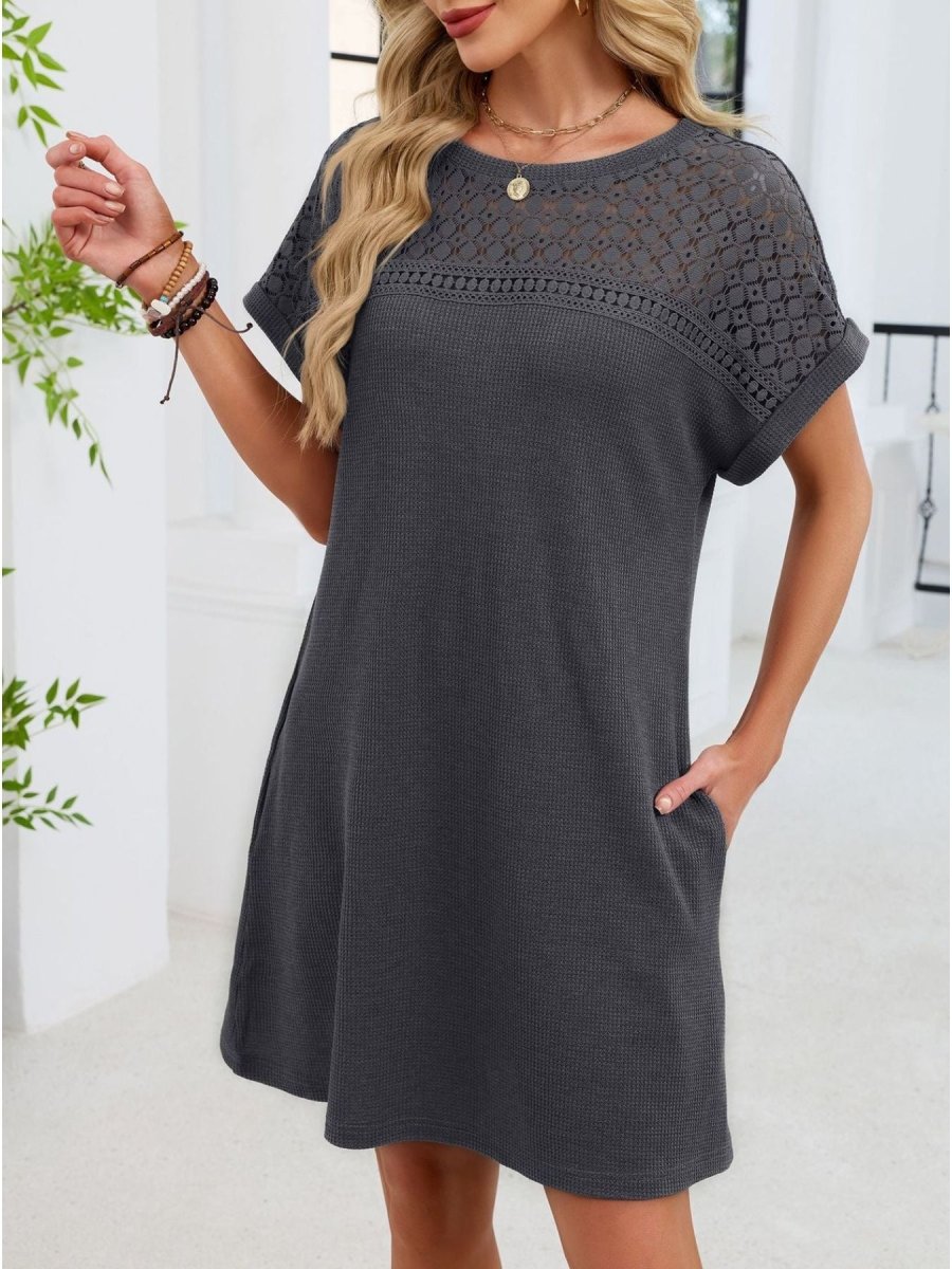 Lace Round Neck Short Sleeve T-Shirt Dress - Wow Store