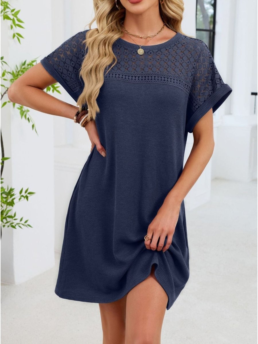 Lace Round Neck Short Sleeve T-Shirt Dress - Wow Store