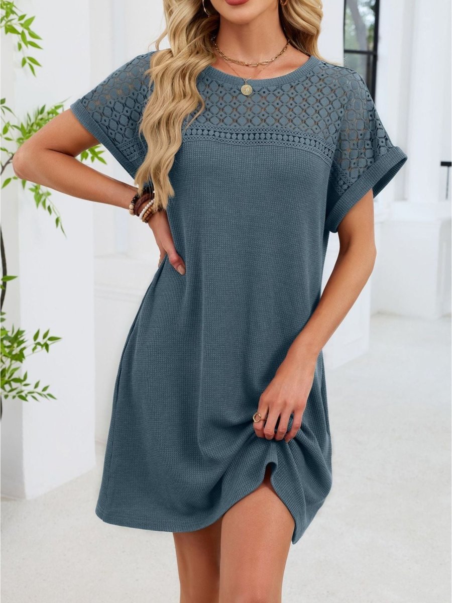 Lace Round Neck Short Sleeve T-Shirt Dress - Wow Store