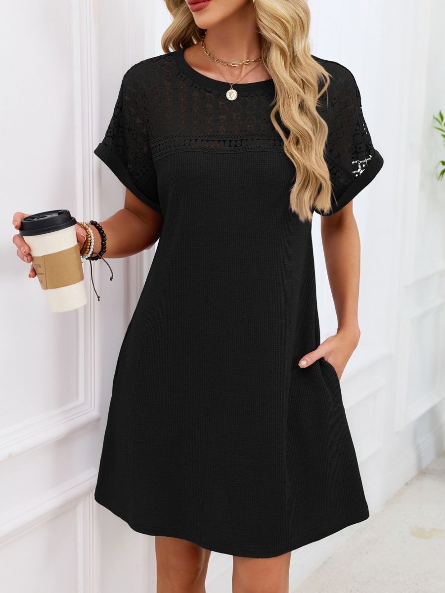 Lace Round Neck Short Sleeve T-Shirt Dress - Wow Store