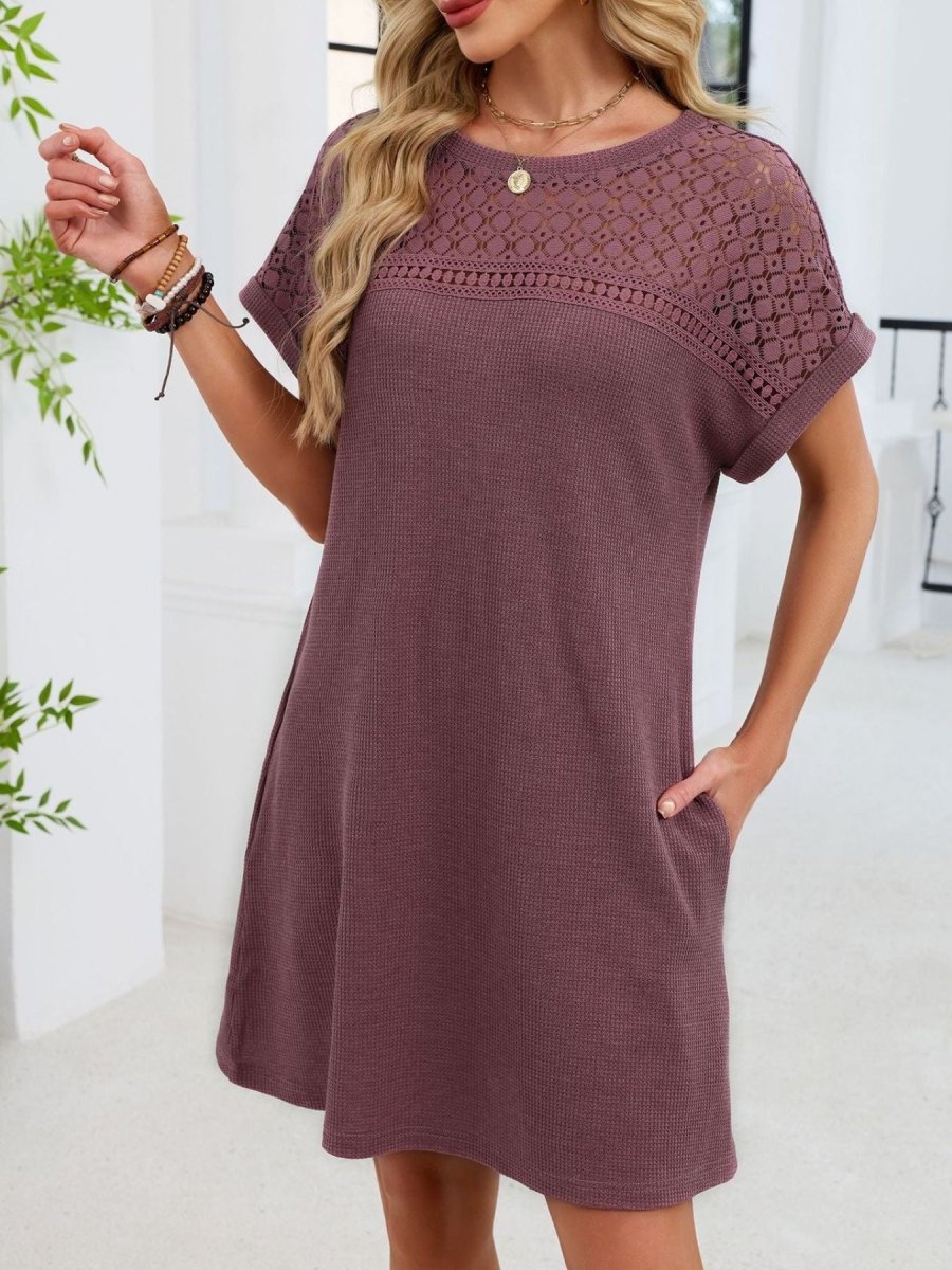 Lace Round Neck Short Sleeve T-Shirt Dress - Wow Store