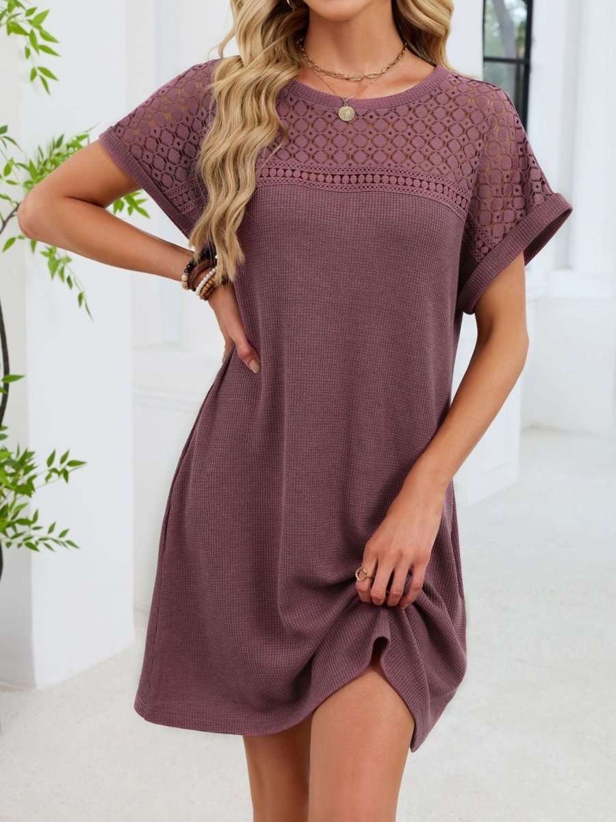 Lace Round Neck Short Sleeve T-Shirt Dress in ivory with delicate floral lace trim and round neckline — sheer elegance dress