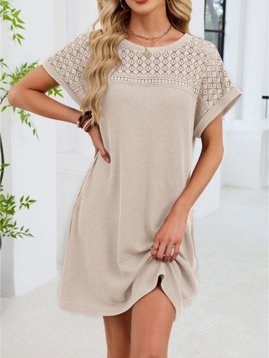 Lace Round Neck Short Sleeve T-Shirt Dress - Wow Store