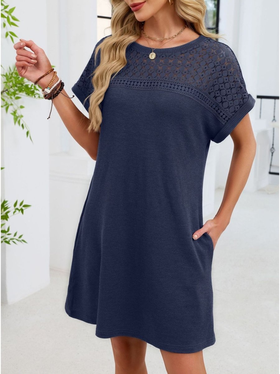 Lace Round Neck Short Sleeve T-Shirt Dress - Wow Store
