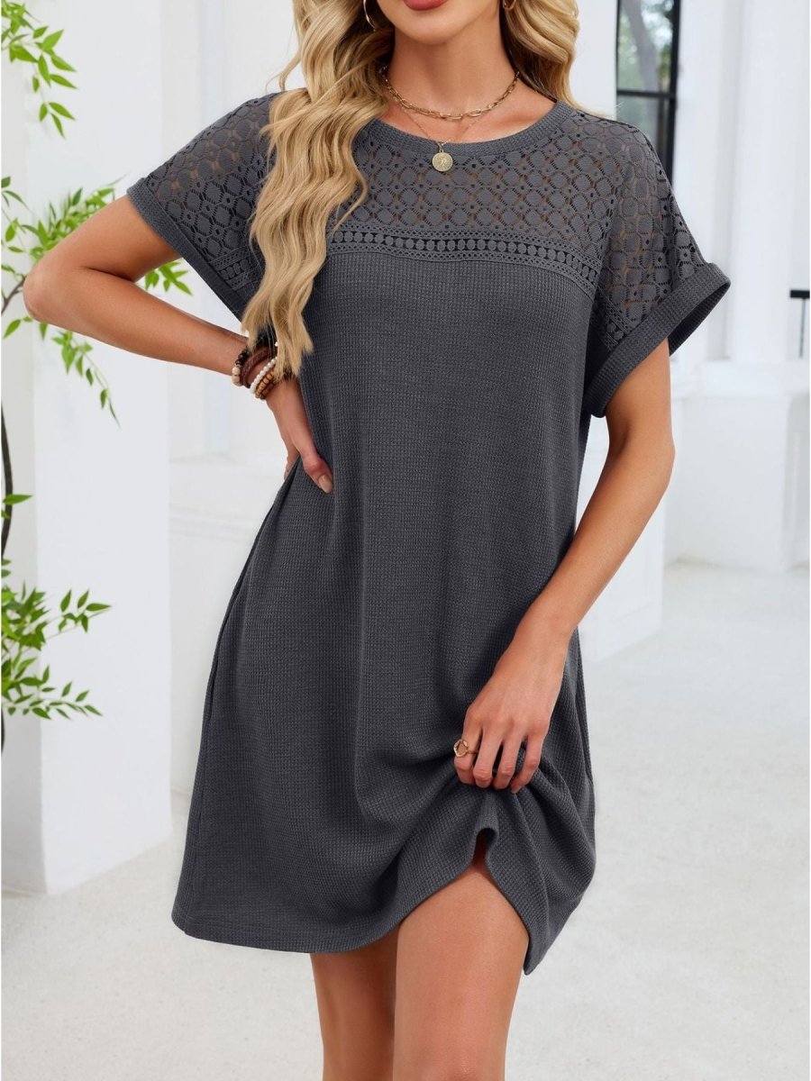 Lace Round Neck Short Sleeve T-Shirt Dress - Wow Store