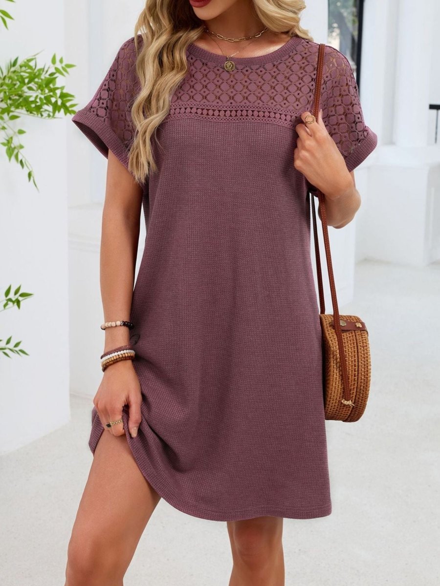 Lace Round Neck Short Sleeve T-Shirt Dress - Wow Store