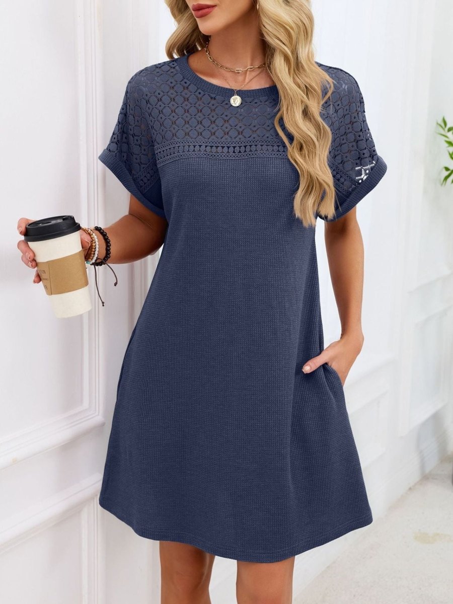 Lace Round Neck Short Sleeve T-Shirt Dress - Wow Store