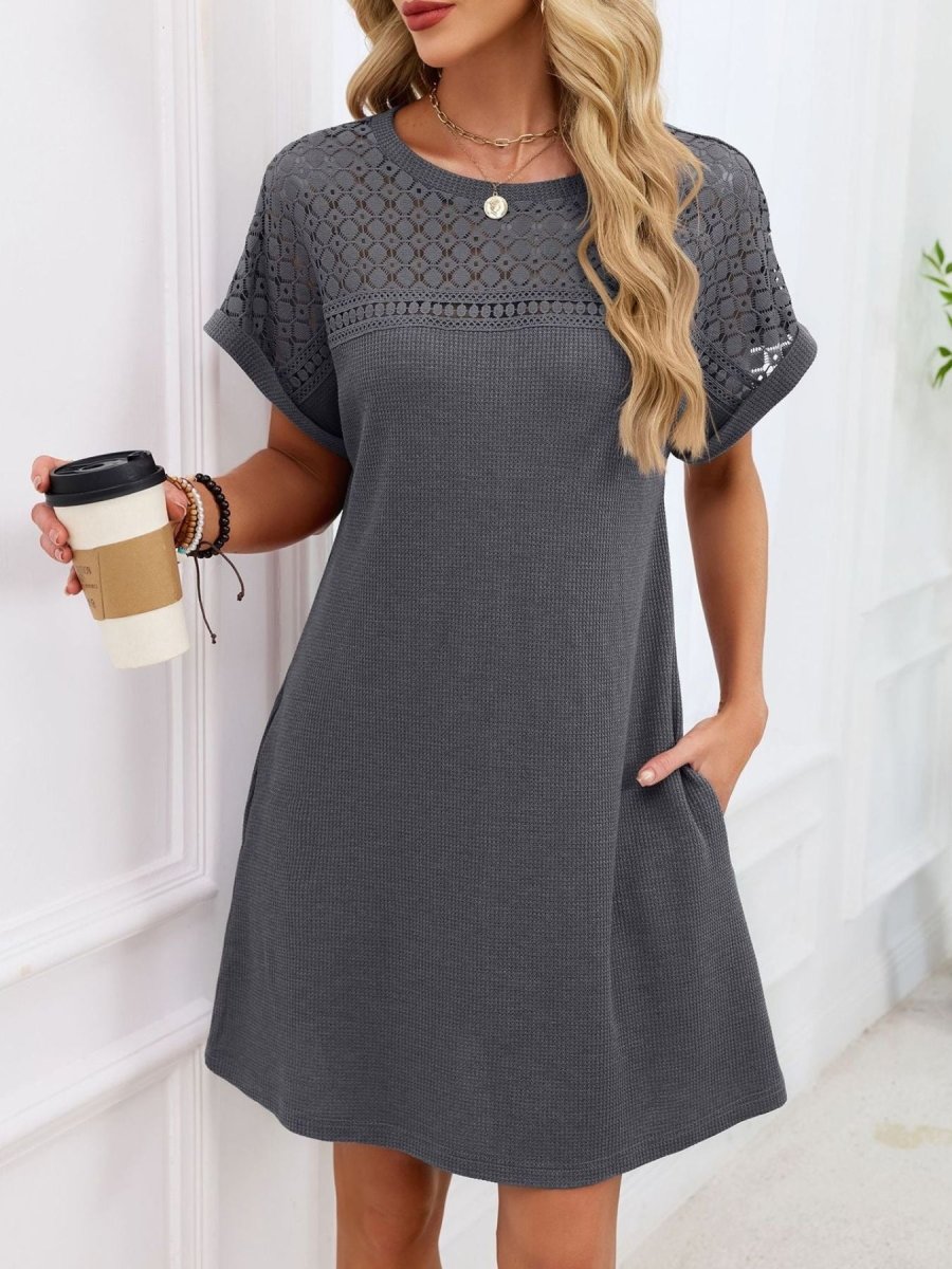 Lace Round Neck Short Sleeve T-Shirt Dress - Wow Store