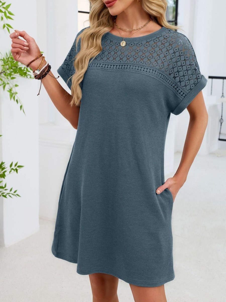 Lace Round Neck Short Sleeve T-Shirt Dress - Wow Store
